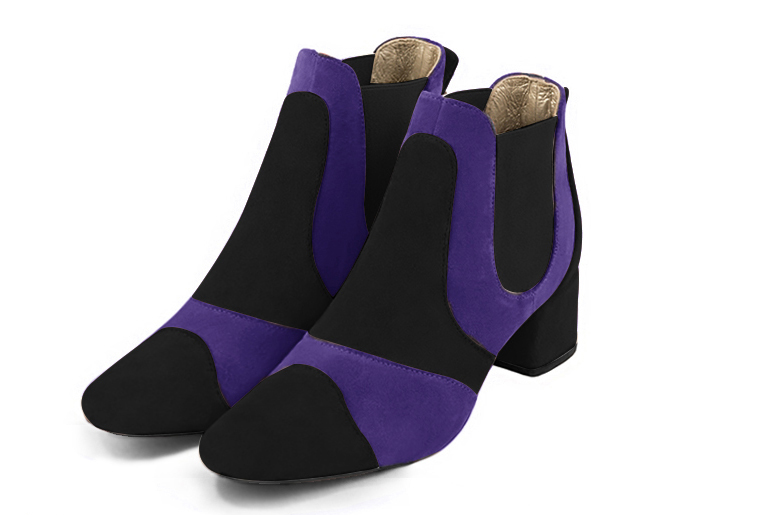 Matt black and violet purple women's ankle boots, with elastics. Round toe. Low flare heels. Front view - Florence KOOIJMAN